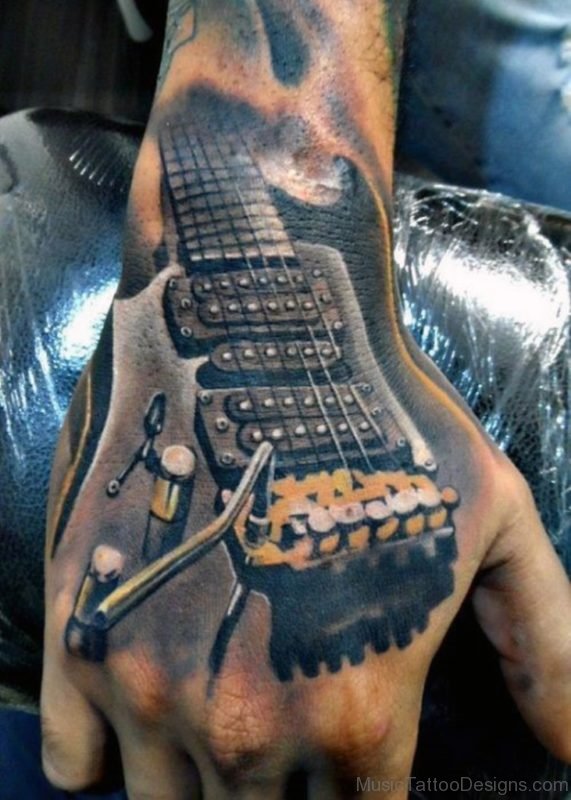 Mens Music 3D Guitar Tattoo Design On Hands