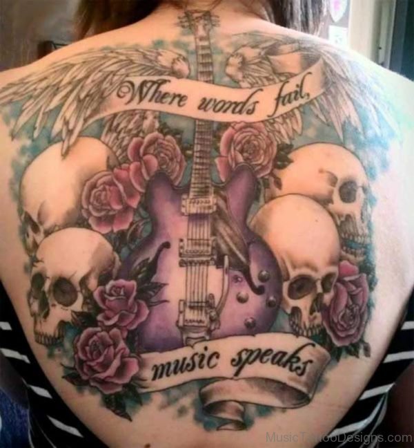 Red Rose and Guitar Tattoo On back