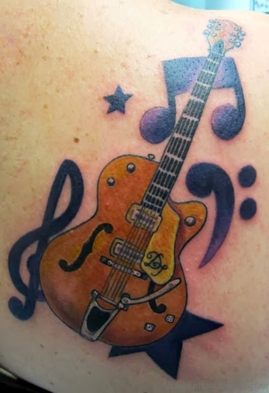 Stylish Musical Guitar Tattoo On The Back