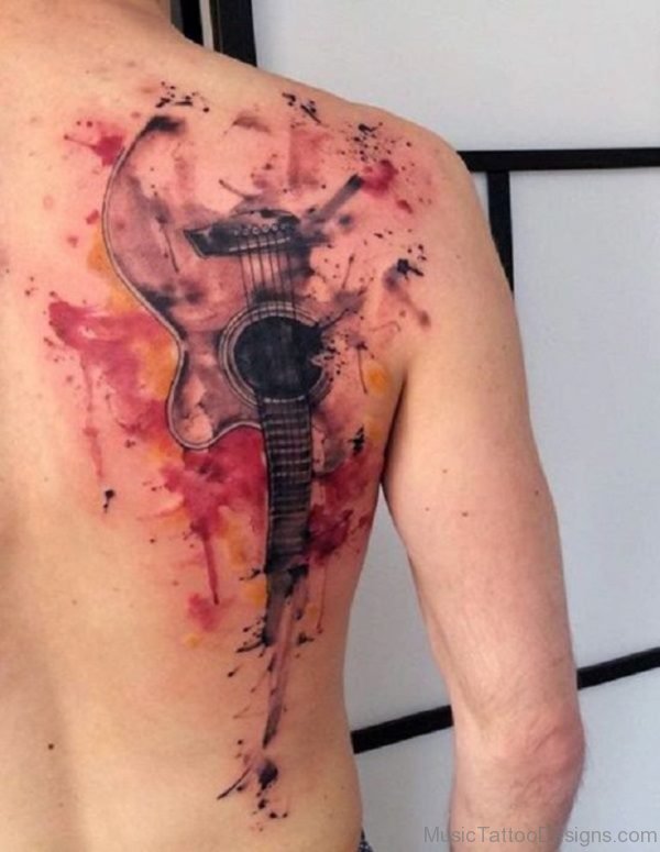 Watercolor Guitar Tattoo On Back