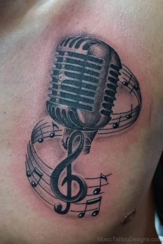 Amazing Grey Ink Mic And Music Notes Tattoo