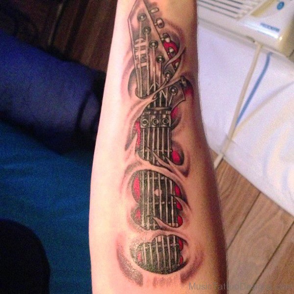 Amazing Guitar Tattoo On Forearm 