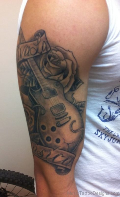 Amazing Guitar Tattoo On Shoulder