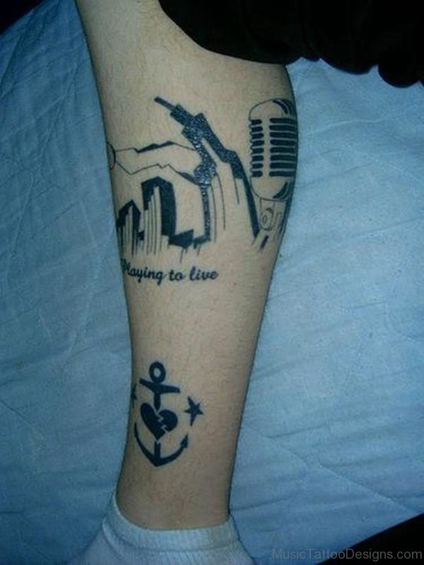 Anchor With Guitar Music Tattoo On Leg
