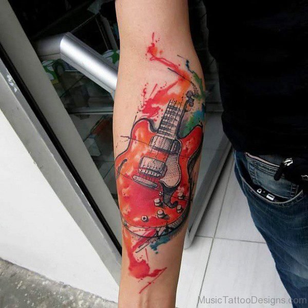 Red Guitar Tattoo On Forearm 