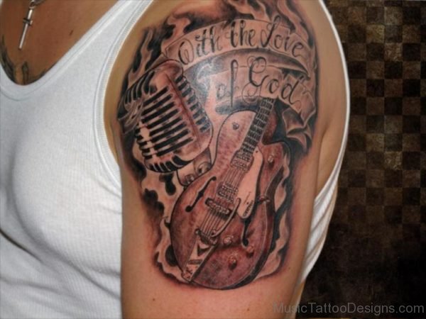Band Guitar Tattoo On Shoulder