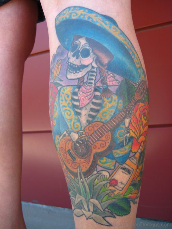 Band Skeleton Playing Guitar Tattoo On Leg