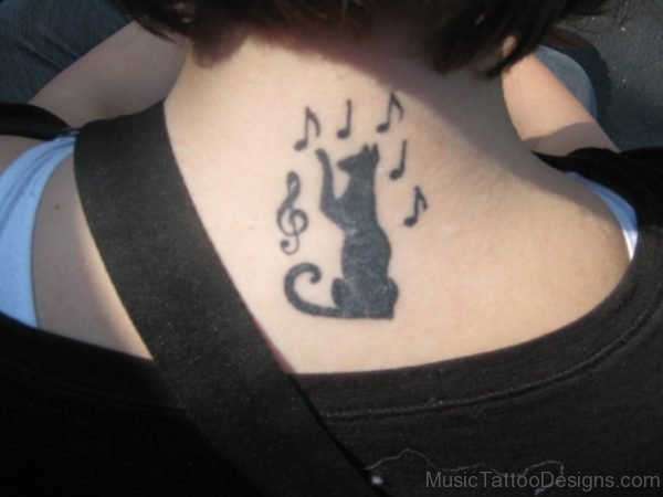Black Cat Music Notes Tattoo On Upper Back
