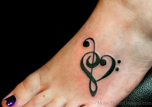 Black Ink Music Heart Tattoo On Foot