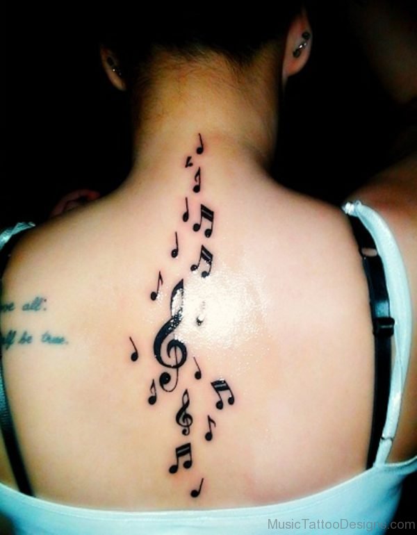Black Ink Music Tattoo On Back