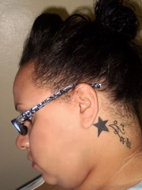 Black Star And Music Tattoo On Neck