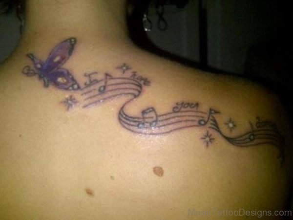 Butterfly And Music Notes Tattoos On Back