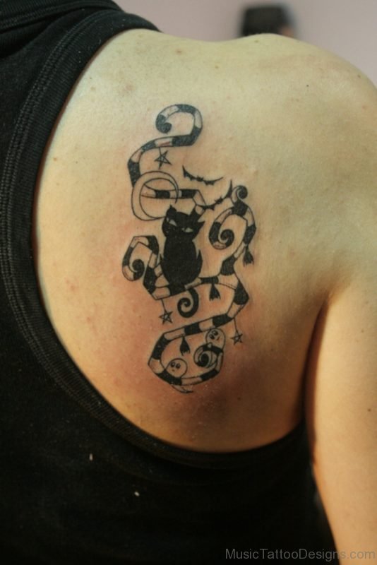 Cat Music Notes Tattoo On Upper Back