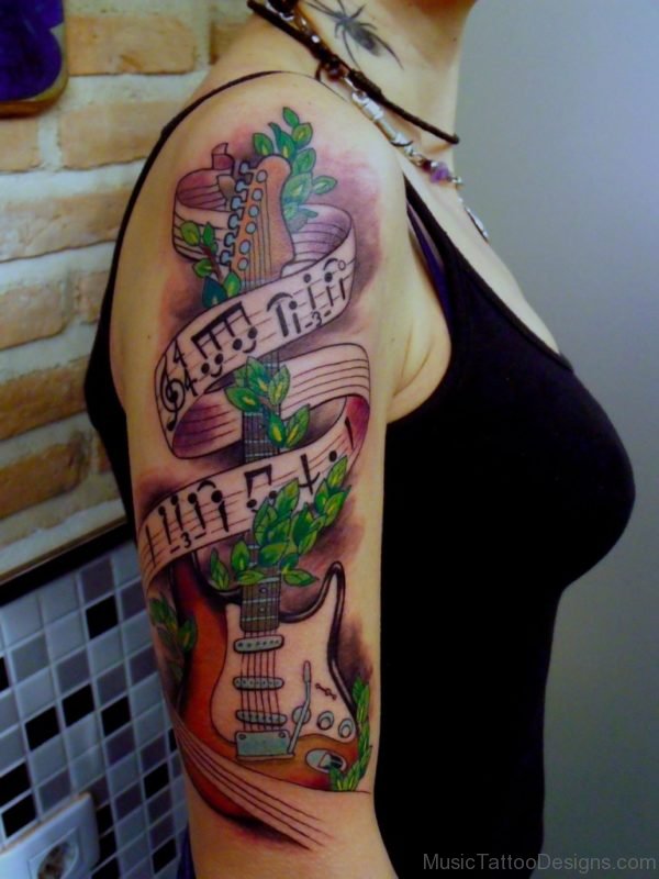 Colored Guitar Tattoo On Shoulder For Women
