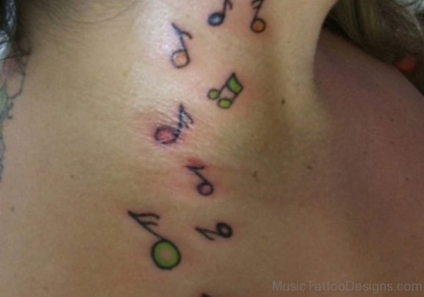 Colored Music Notes Tattoo On Neck