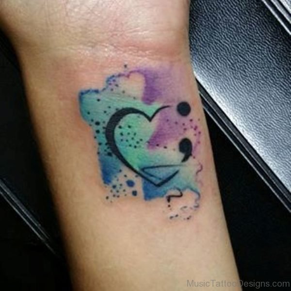 Colored Musical Herat Tattoo On Wrist