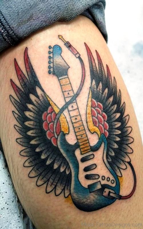 Colorful Guitar With Wings On Forearm 
