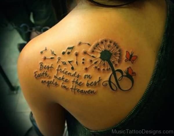 Cool Dandelion And Text With Music Notes Tattoo For Girl