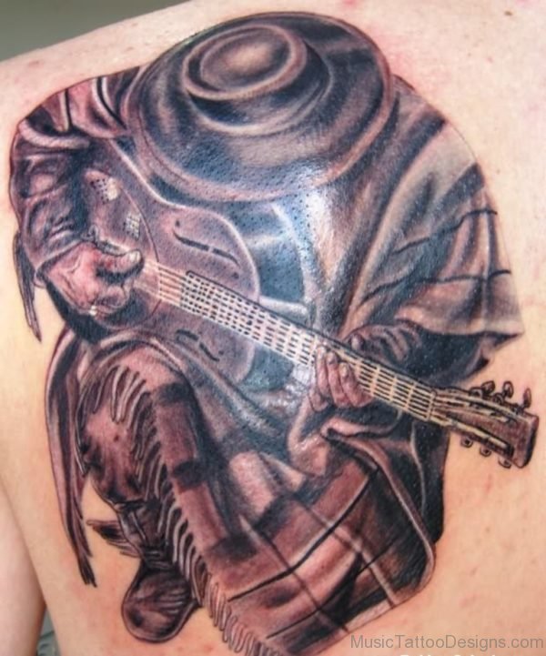 Cool Guitar Tattoo On Back