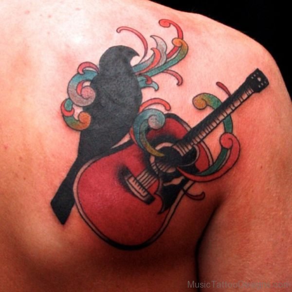Crow Sitting On Red Guitar Tattoo On Back Shoulder