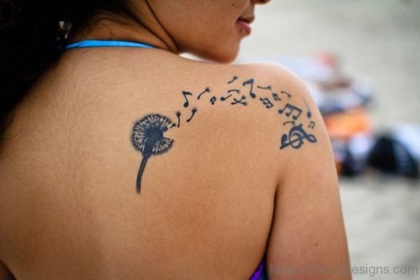 Dandelion Puffs And Music Notes Tattoos On Back Shoulder