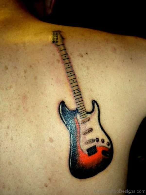 Electric Guitar Tattoo On Back Shoulder For Men