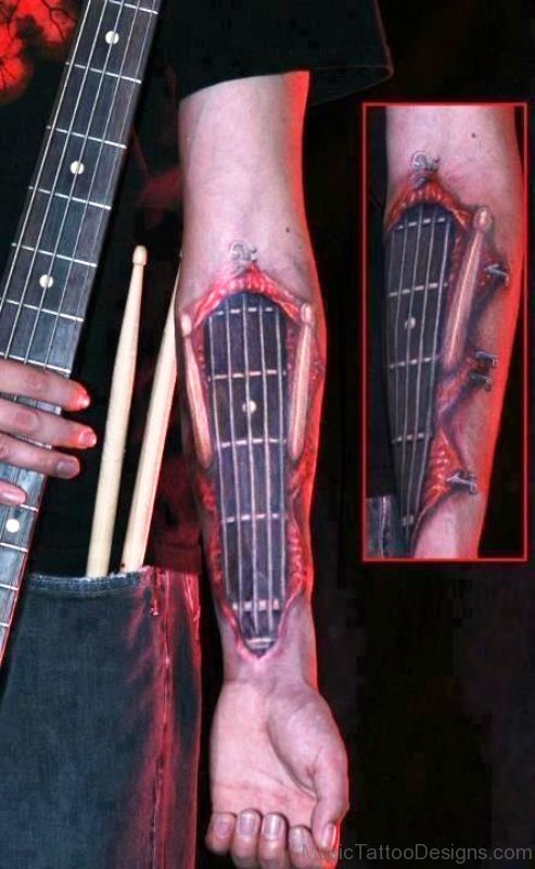 Elegant Red And Black Guitar Tattoo 