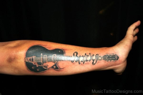 Excellent Guitar Tattoo On Forearm 