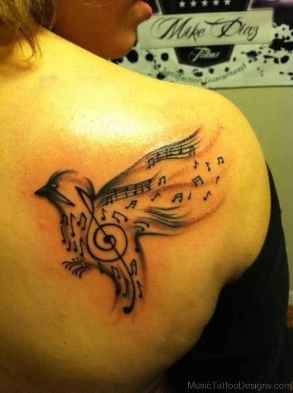 Famous Music Notes And Flying Birds Tattoo