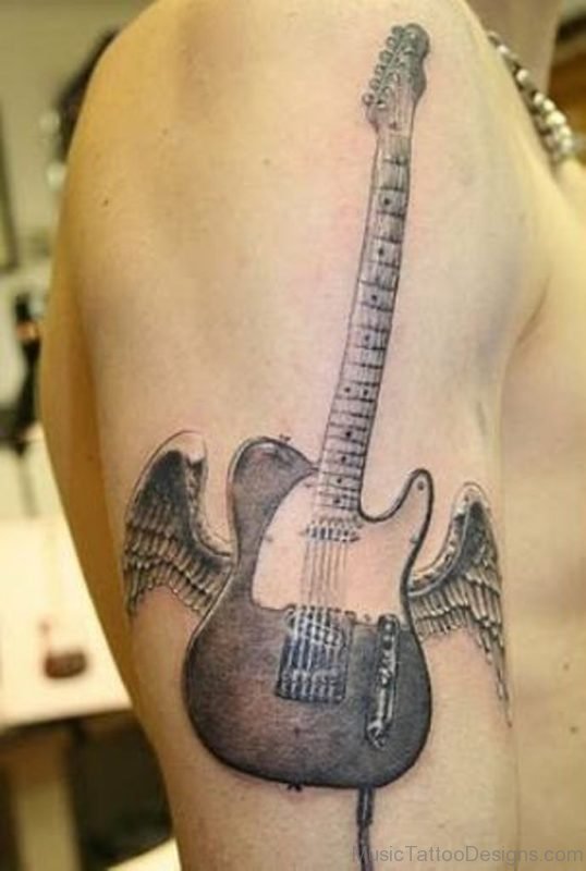 Fancy Guitar Tattoo On Shoulder Image