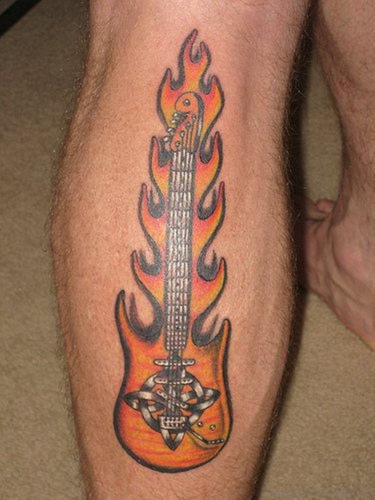 24 Impressive Guitar Tattoos On Leg.