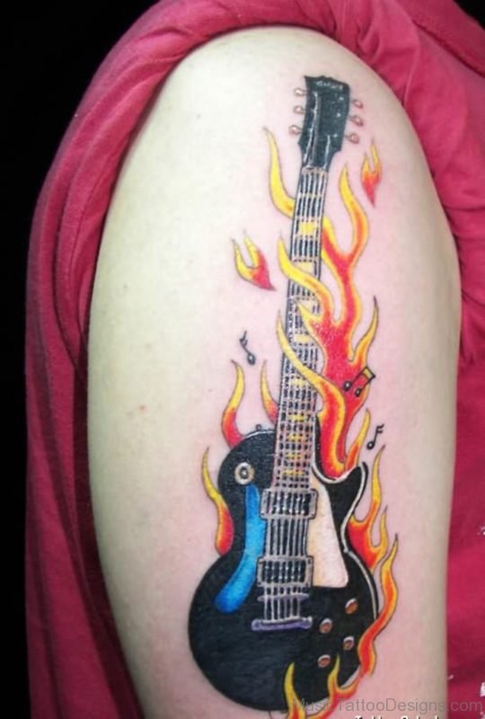 Flaming Band Guitar Tattoo On Shoulder