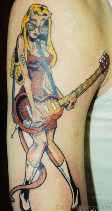Flaming Band Guitar Tattoo On Shoulder Image