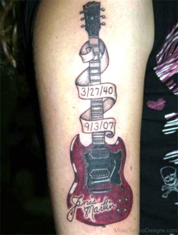 Guitar With Memorial Banner Tattoo