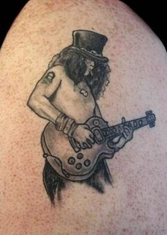 Grey Ink Guitar Tattoo On Shoulder