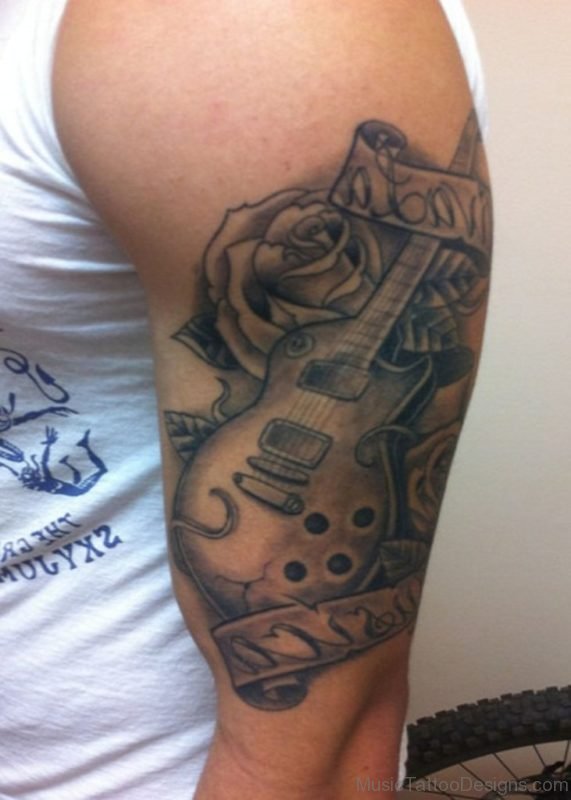 Grey Ink Rose Flower and Guitar Tattoo