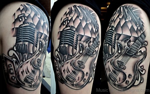 Grey Mic And Guitar Tattoo
