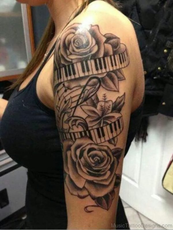Grey Rose And Music Tattoo