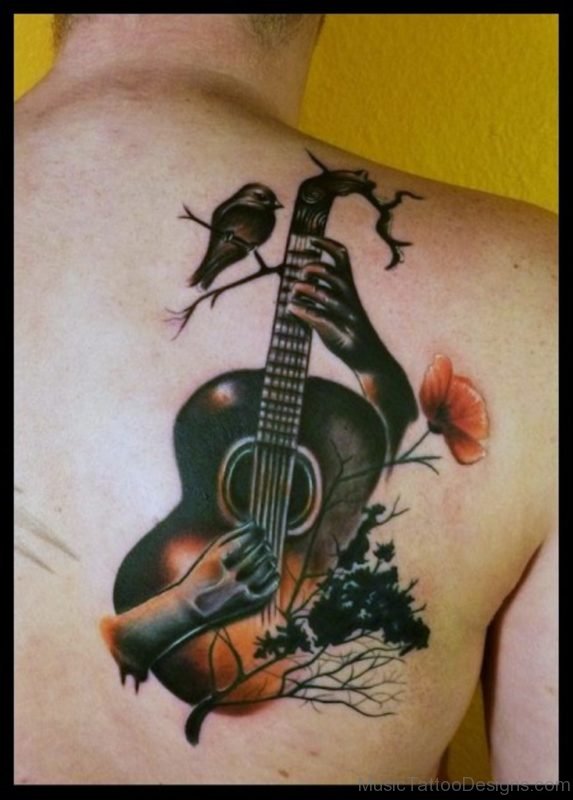 Guitar Tattoo With Bird On Back For Men