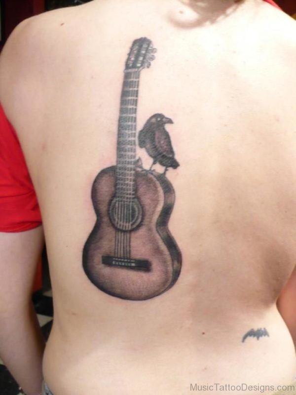 Guitar Tattoo With Crow On Back For Men