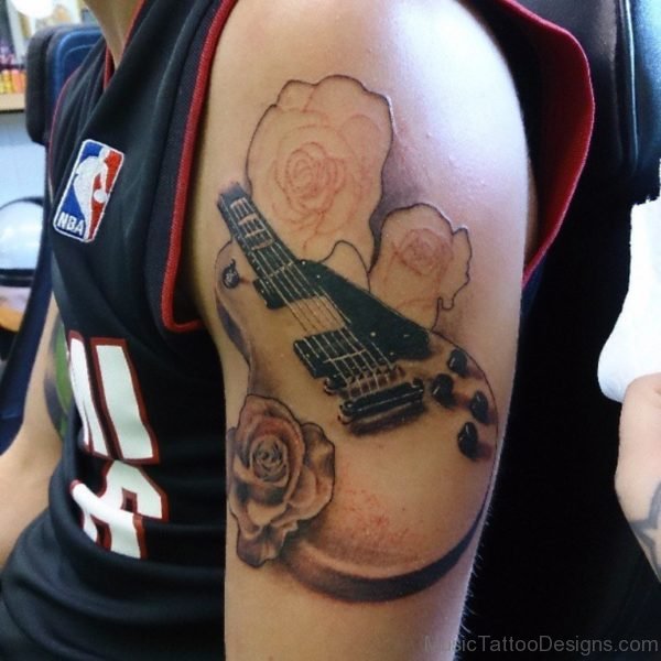 Guitar Tattoo with Flowers On Shoulder For Boys