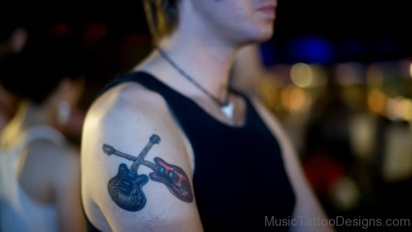 Guitar Tattoos On Man Right Shoulder