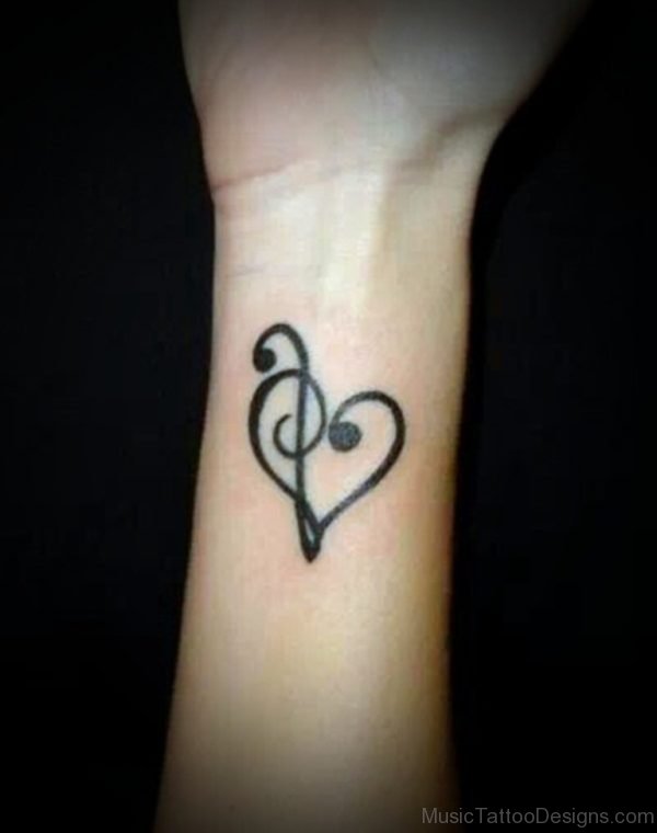 Impressive Black Music Notes Heart Tattoo On Wrist