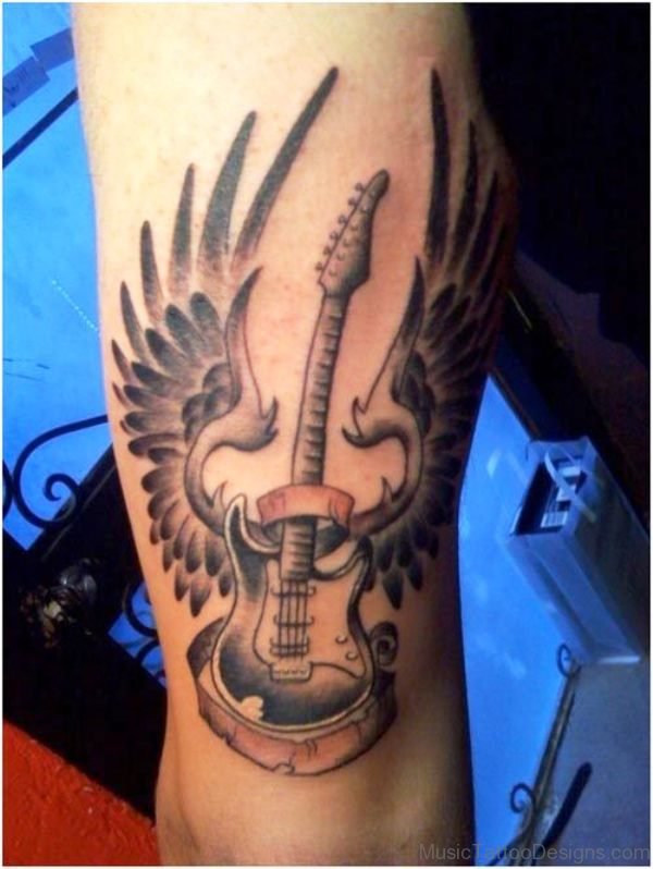 Lovely Guitar With Wings Tattoo