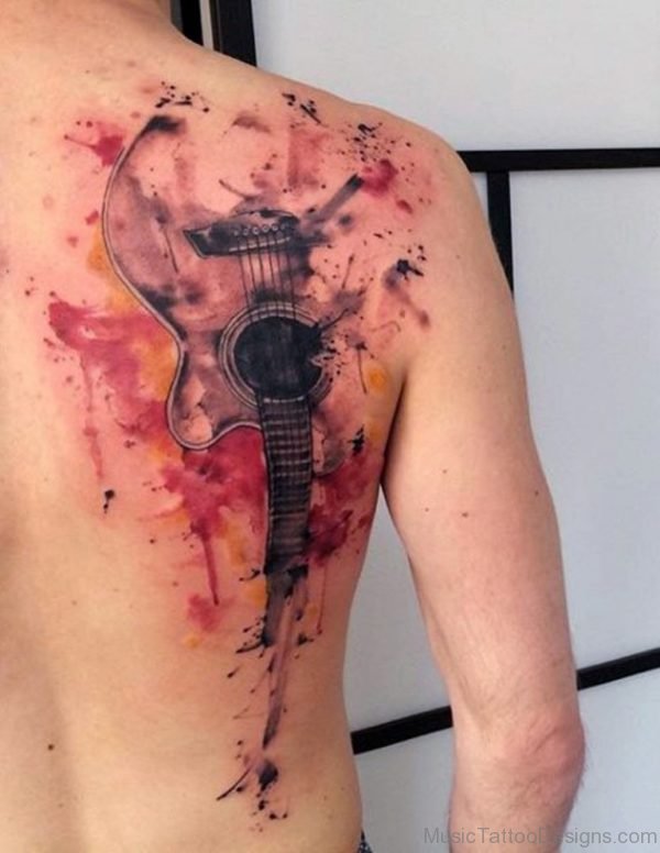 Man Music Guitar Tattoos On Back Of Shoulder