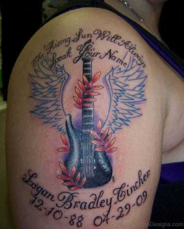 Memorial Winged Guitar Tattoo On Right Shoulder