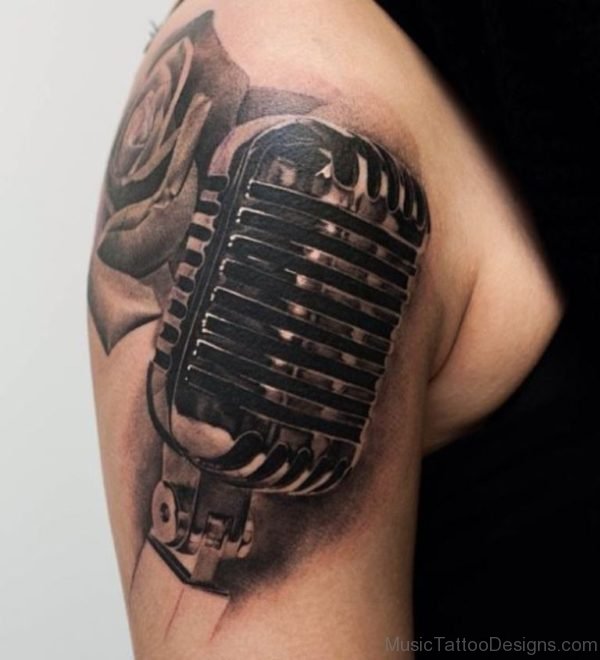 Microphone and Rose Shoulder Tattoo