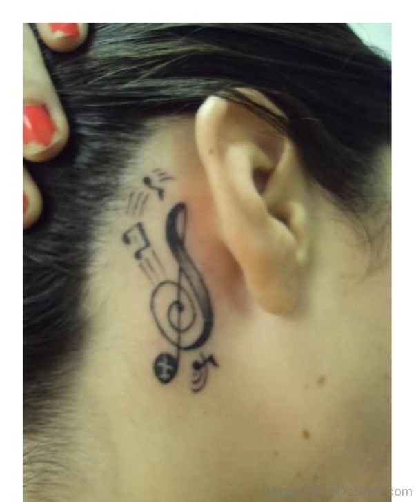 Music And Violin Key Tattoo On Behind Ear