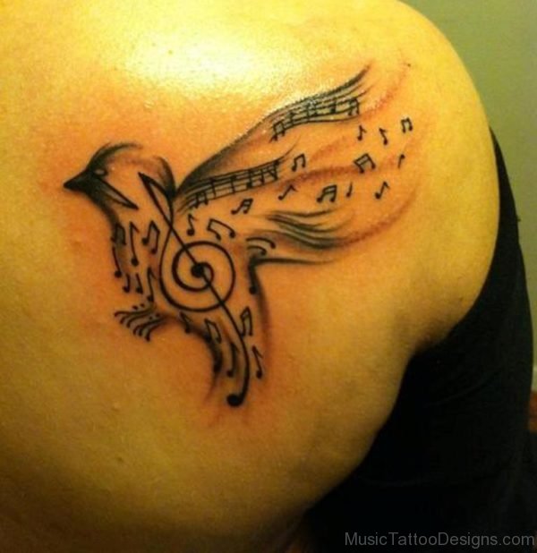 Music Bird Back Shoulder Tattoo