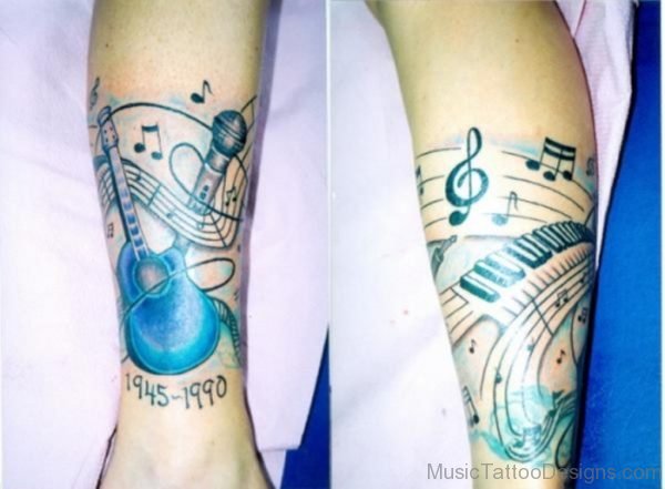Music Guitar With Microphone Tattoo On Leg
